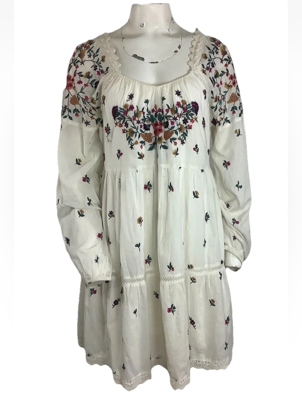 Anthropologie Sz M 100% Cotton Floral Embroidered Boho Cowgirl Peasant Dress